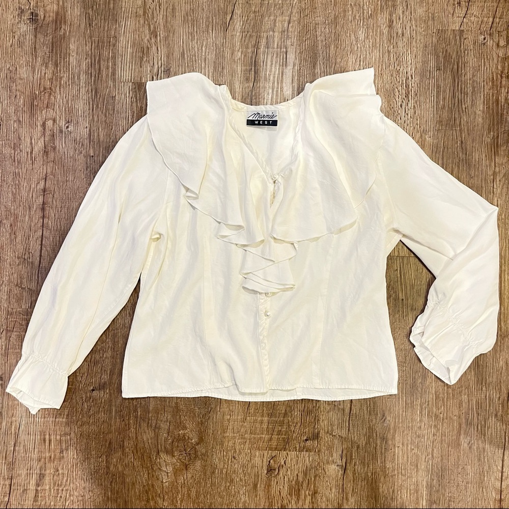Marnie West Vintage Ruffle Collar Blouse with Shoulder Pads.